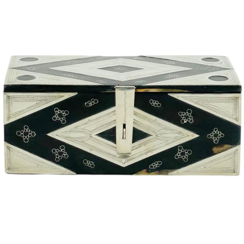 coffret en ébène véritable avec décorations géométriques en noir et blanc